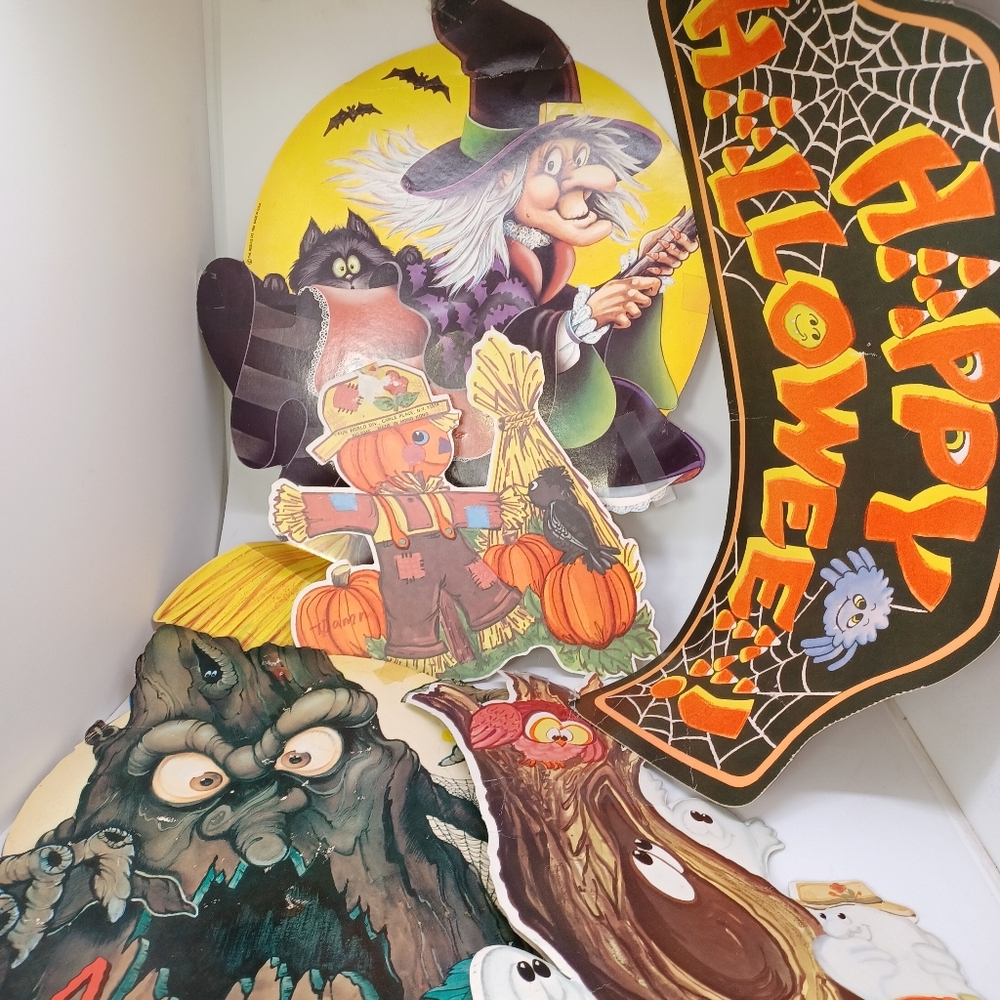 Vintage Beistle Halloween Decorama Diecuts Witch  Pumpkin Ghosts Flocked Hallown